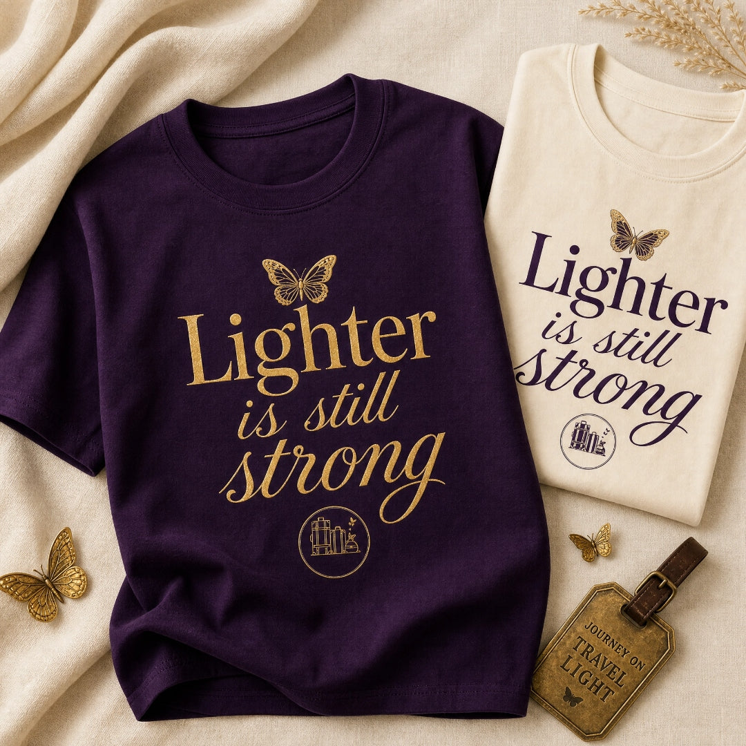 The Affirmation Tee - Plum with gold script affirmation, butterfly and luggage seal