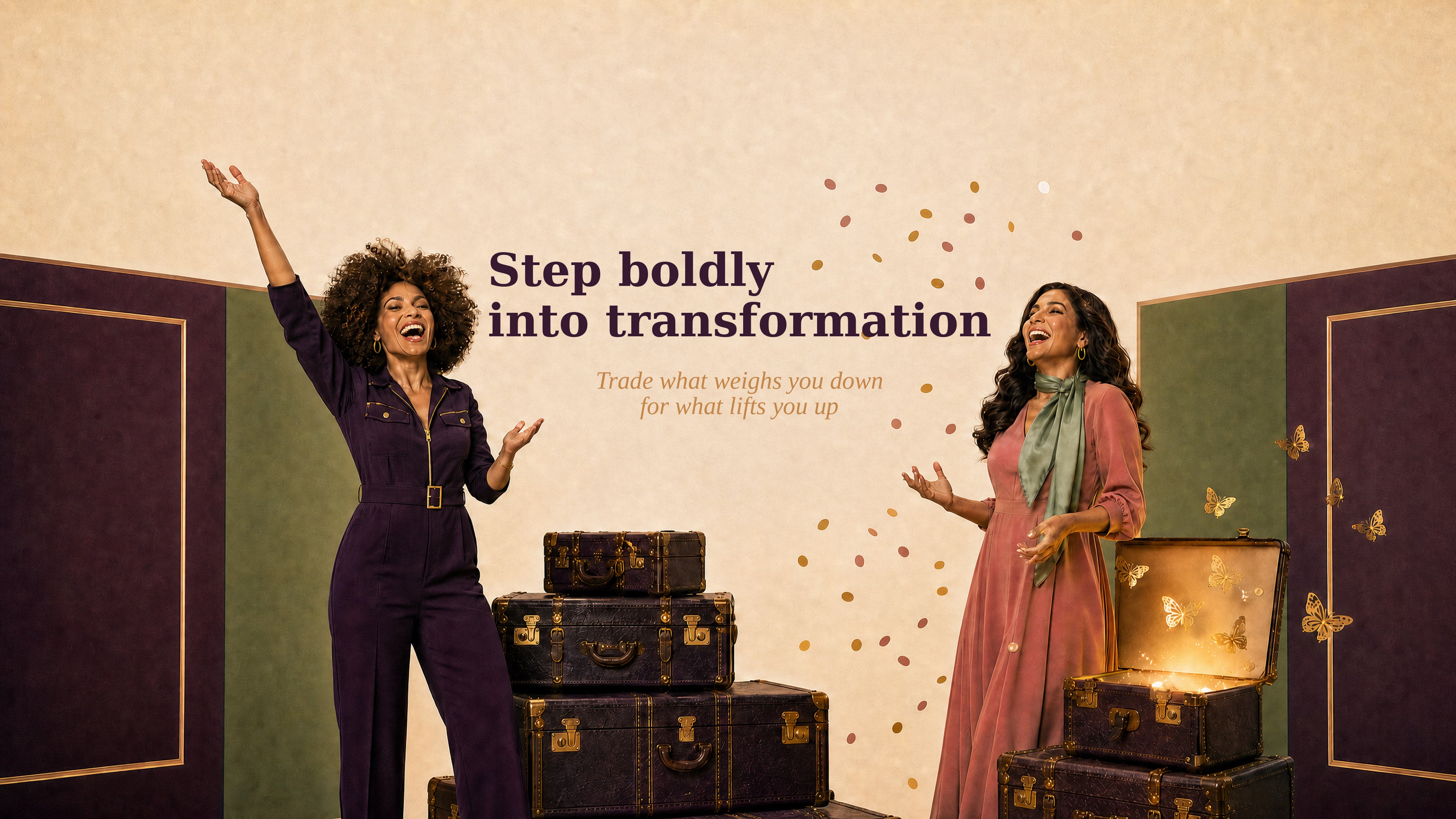 Step boldly into transformation - two women laughing among plum doorways, luggage, and gold butterflies